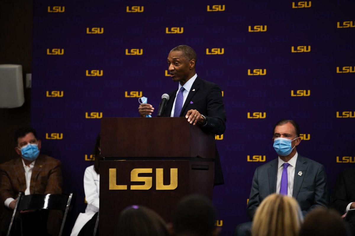 LSU president William F. Tate IV speaks at the Our Lady of the Lake and LCMC Health game-changing investment press conference Friday, Feb. 11, 2022, at the LSU Foundation Center for Philanthropy in Baton Rouge, La.