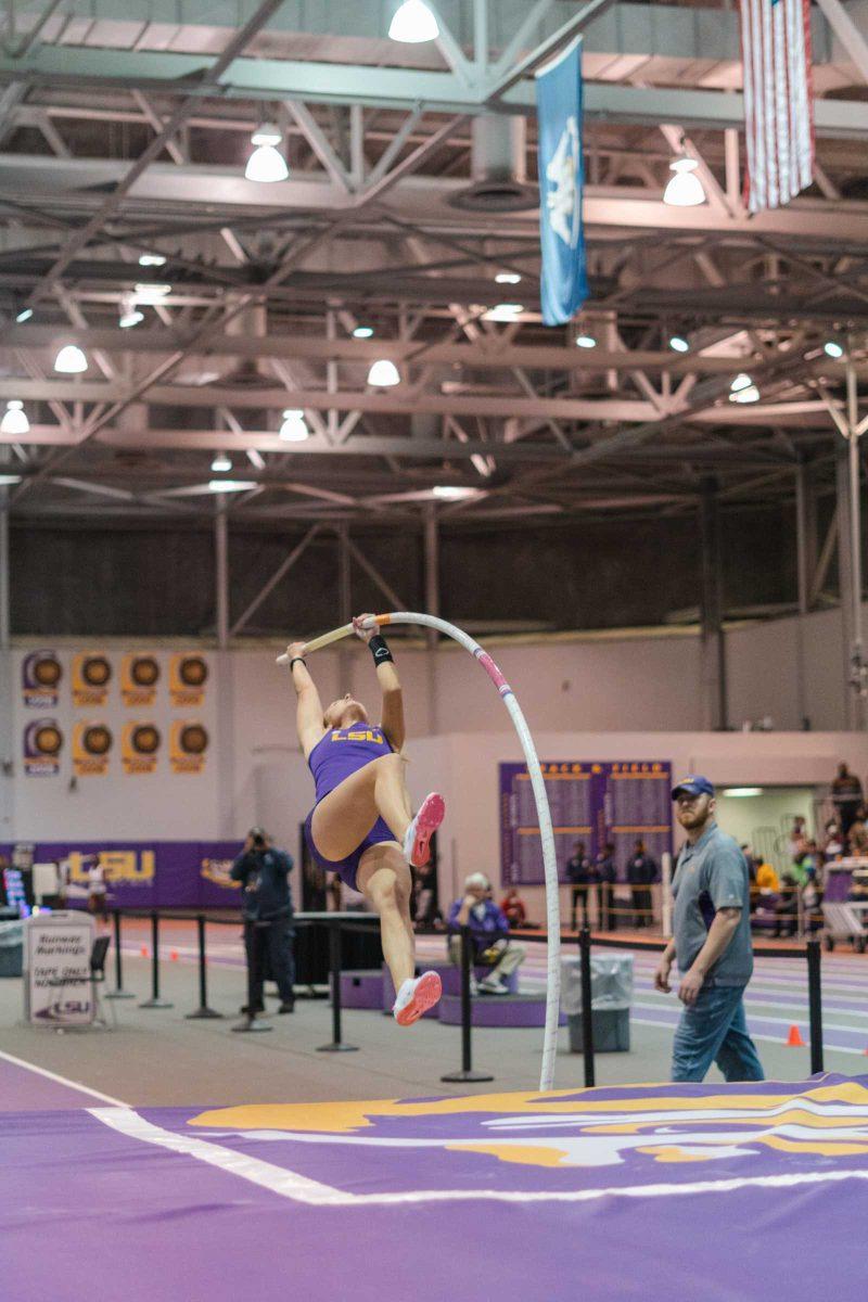 LSU track and field fifth-year senior Lisa Gunnarsson begins her ascent on Friday, Feb. 4, 2022, during the Bayou Bengal indoor track meet at the Carl Maddox Field House on Nicholson Drive in Baton Rouge, La.