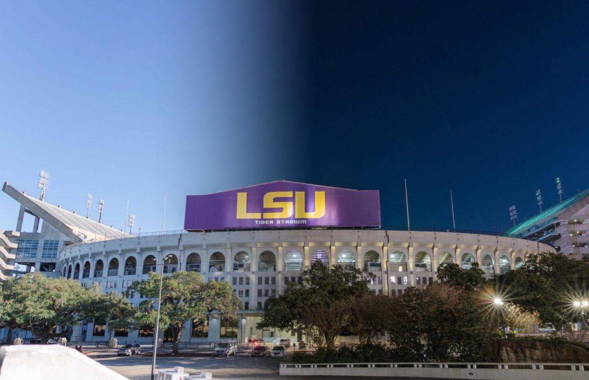 The Sun illuminates Tiger Stadium during the day of Saturday, Jan. 22, 2022, and artificial lighting shines on the stadium on the night of Wednesday, Jan. 26, 2022, at North Stadium Drive in Baton Rouge, La.