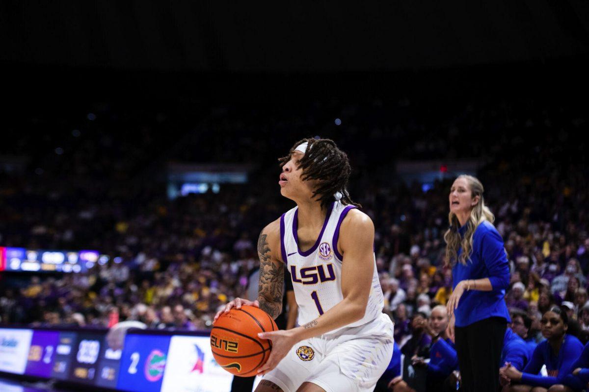 LSU women’s basketball graduate student guard Jailin Cherry (1) holds the ball Sunday, Feb. 20, 2022, during LSU’s 66-61 win against Florida in the Pete Maravich Assembly Center on North Stadium Drive in Baton Rouge, La.