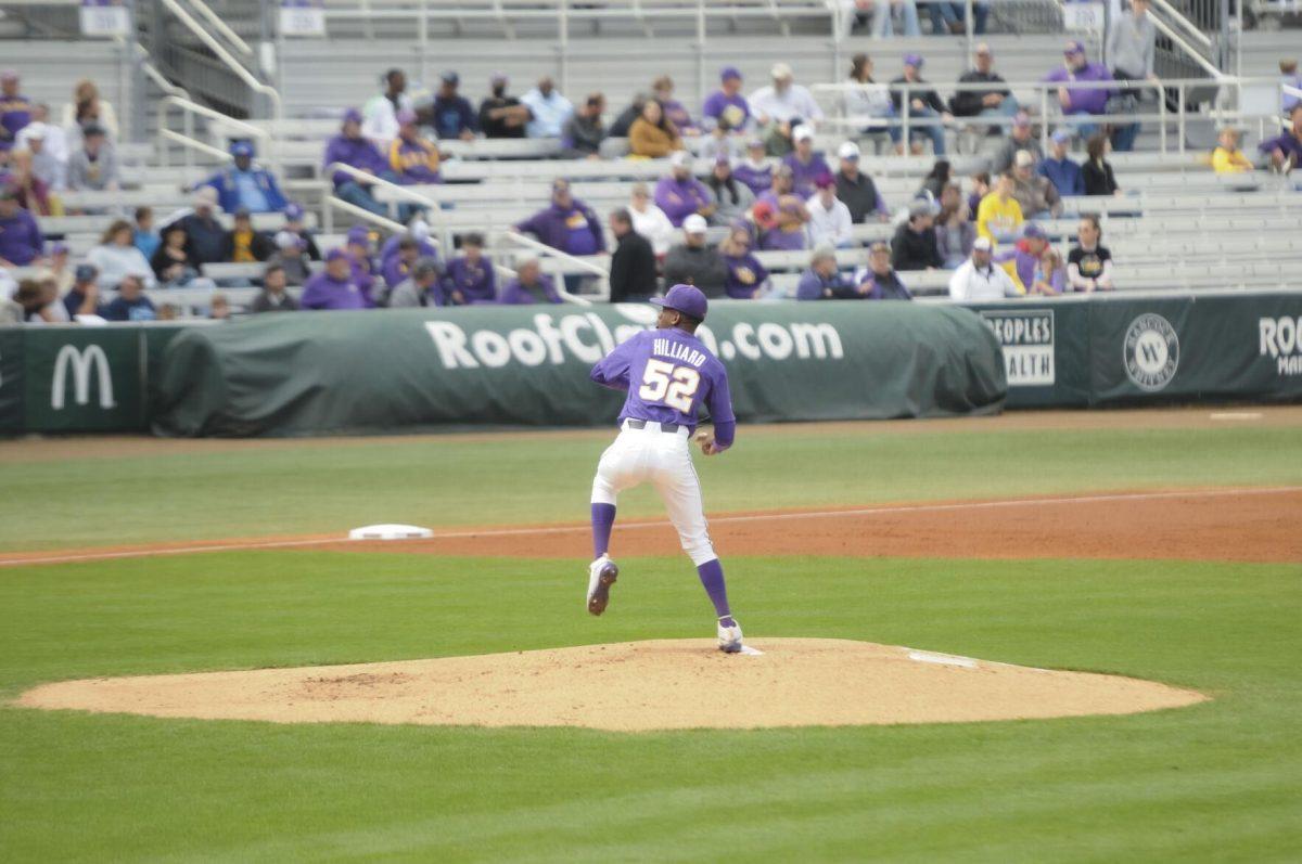 LSU senior pitcher Ma'Khail Hilliard (52) pitches on the mound Saturday, Feb. 26, 2022, during the Tigers' 9-2 win against Southern University at Alex Box Stadium in Baton Rouge, La.