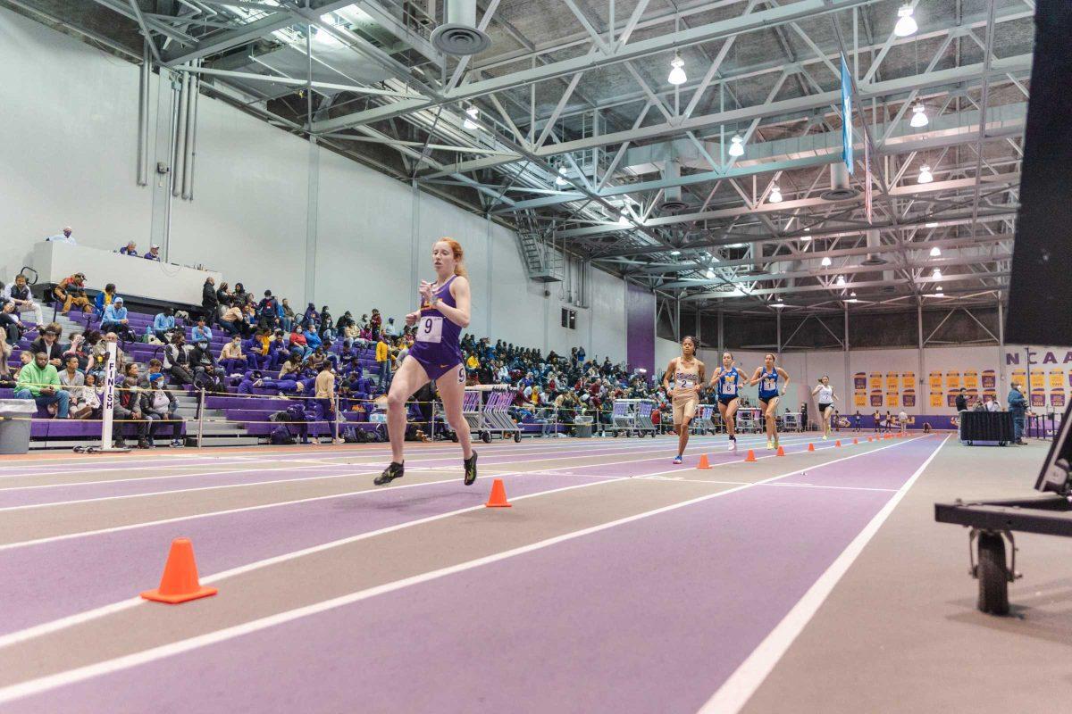 LSU track and field freshman Sophie Martin completes a lap on Friday, Feb. 4, 2022, during the Bayou Bengal indoor track meet at the Carl Maddox Field House on Nicholson Drive in Baton Rouge, La.