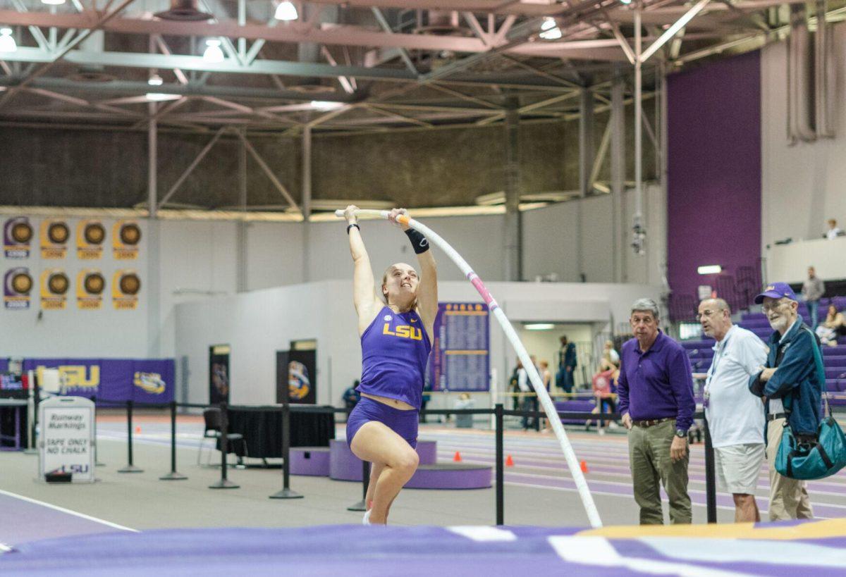 LSU track and field pole vault fifth-year senior Lisa Gunnarsson plants her pole on Friday, Feb. 18, 2022, during the LSU Twilight track and field meet in the Carl Maddox Field House on Nicholson Drive in Baton Rouge, La.