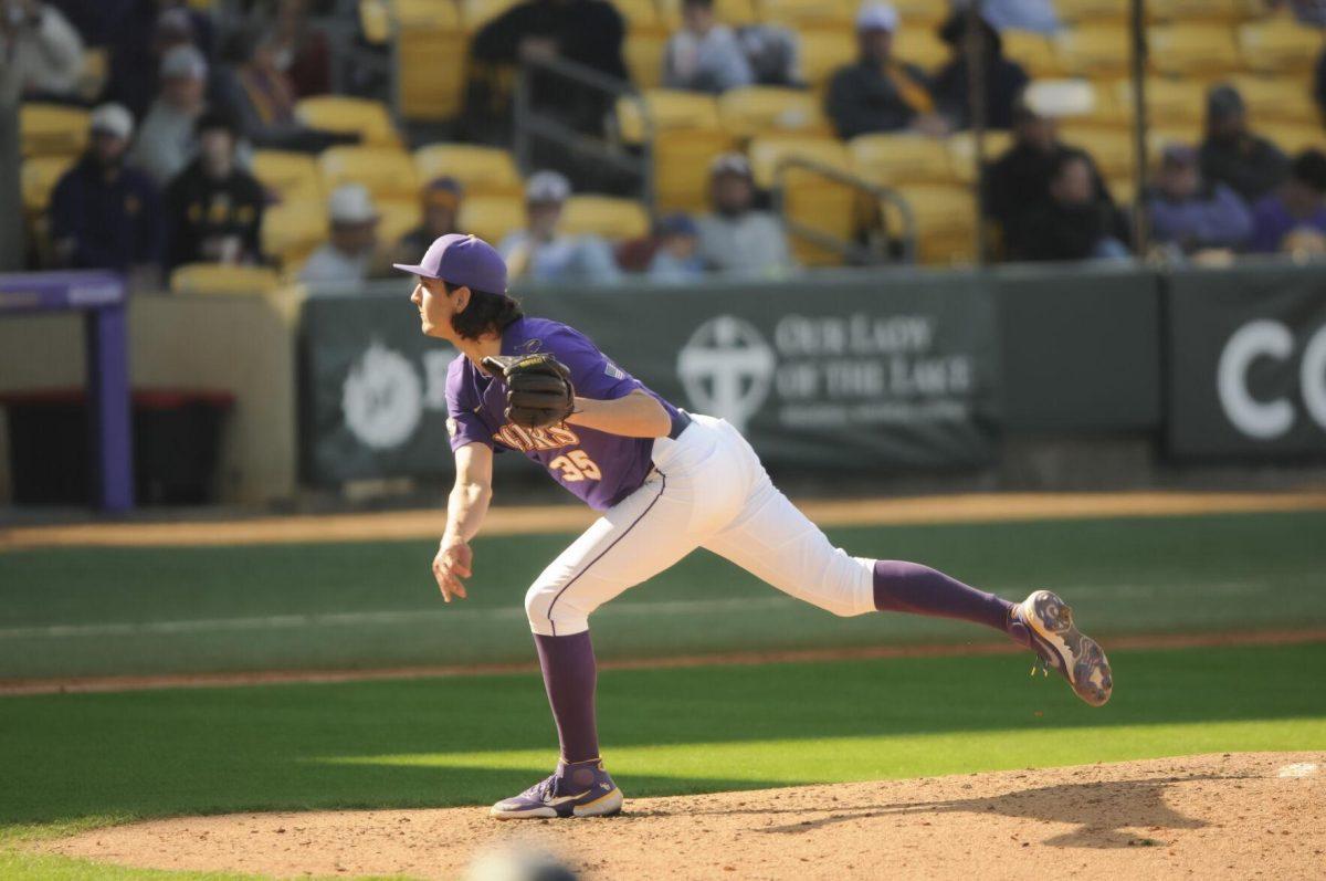 LSU junior pitcher Paul Gervase (35) pitches on the mound Saturday, Feb. 26, 2022, during the Tigers' 9-2 win against Southern University at Alex Box Stadium in Baton Rouge, La.