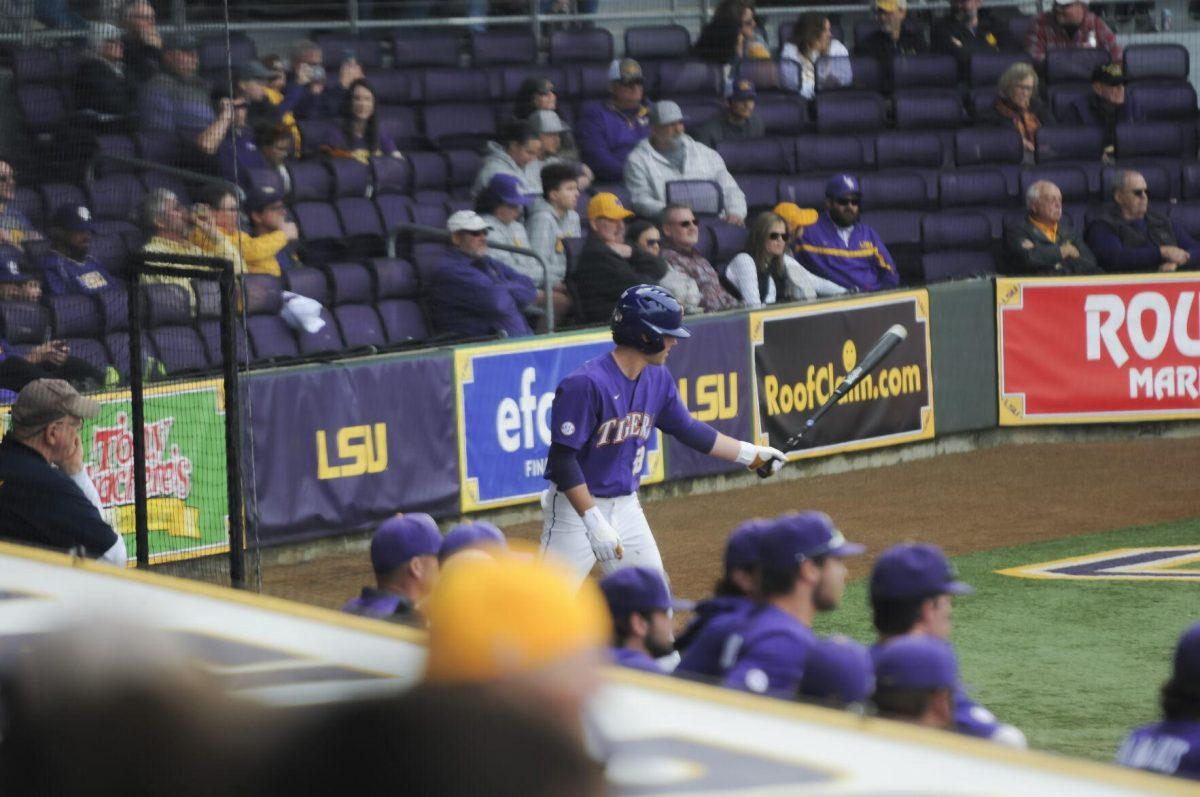 LSU sophomore infielder Jack Merrifield (53) gets ready for his turn to swing Saturday, Feb. 26, 2022, during the Tigers' 9-2 win against Southern University at Alex Box Stadium in Baton Rouge, La.