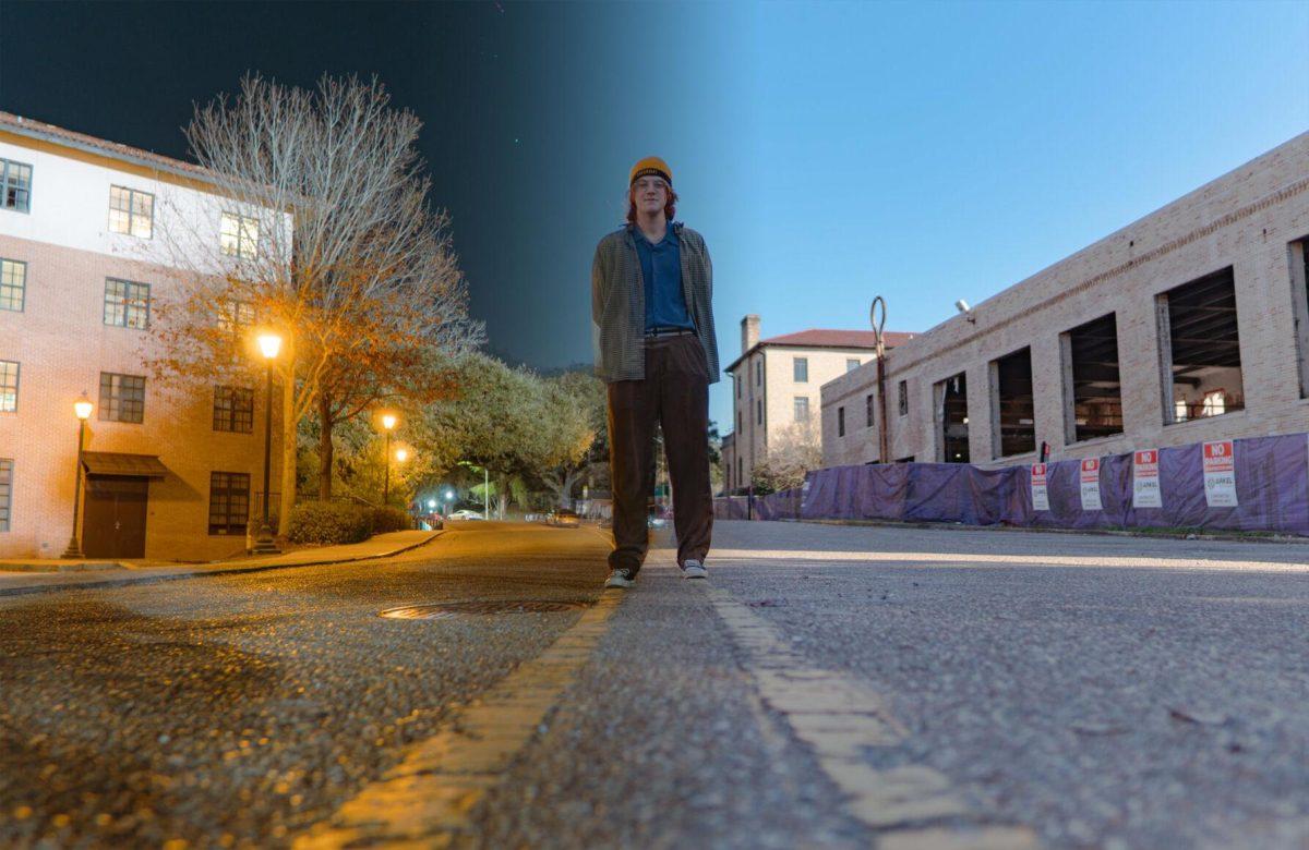 LSU freshman and studio arts major Mason Wulff stands in the middle of the road on the night of Wednesday, Jan. 26, 2022, and during the day on Sunday, Jan. 23, 2022, on Cypress Drive in Baton Rouge, La.