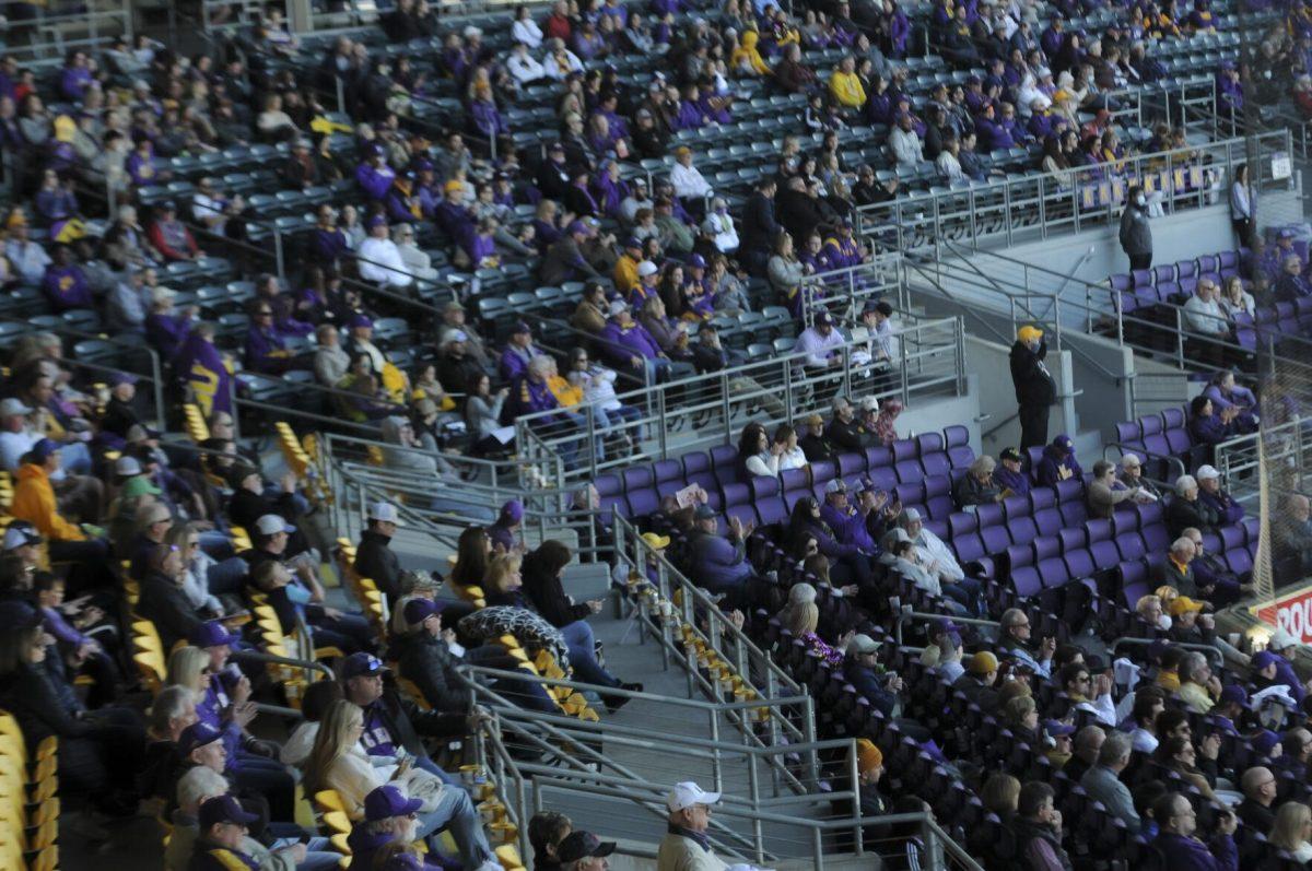 Tiger fans sit and enjoy th game Saturday, Feb. 26, 2022, during the Tigers' 9-2 win against Southern University at Alex Box Stadium in Baton Rouge, La.