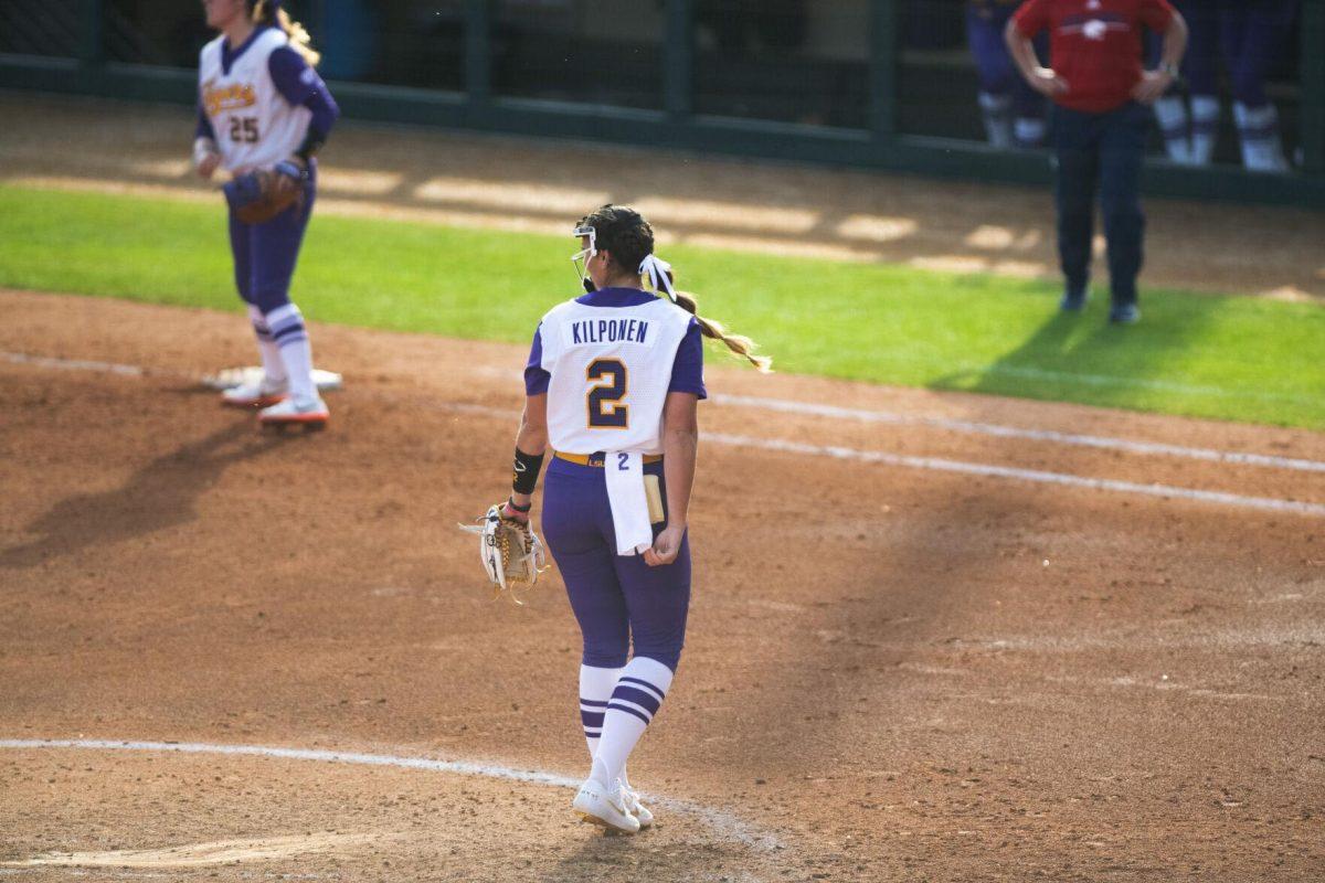 LSU softball redshirt junior pitcher Ali Kilponen (2) stands at the mound Saturday, Feb. 12, 2022, during LSU’s 8-1 win against South Alabama at Tiger Park on Skip Bertman Drive in Baton Rouge, La.