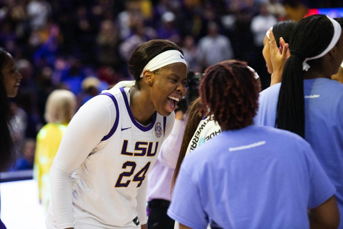LSU women’s basketball graduate student center Faustine Aifuwa (24) celebrates Sunday, Feb. 20, 2022, after LSU’s 66-61 win against Florida in the Pete Maravich Assembly Center on North Stadium Drive in Baton Rouge, La.