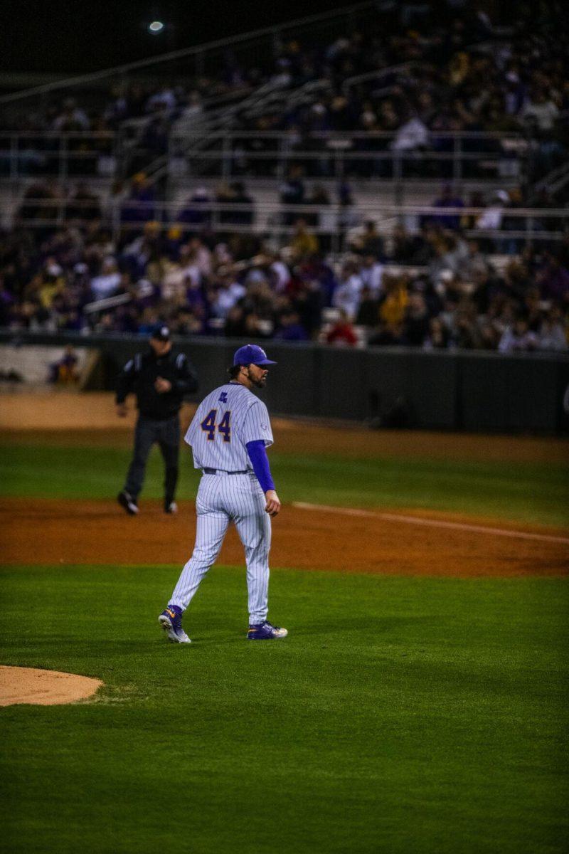 LSU baseball sophomore right-handed pitcher Blake Money (44) celebrates his inning ending strike out Friday, Feb. 18, 2022 during LSU's 13-1 win against Maine at Alex Box Stadium on Gourrier Avenue in Baton Rouge, La.