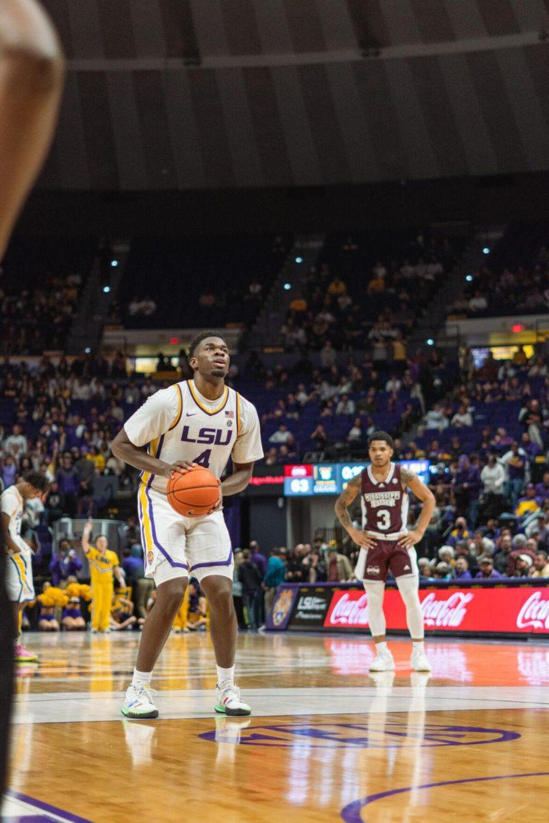 LSU men&#8217;s basketball senior forward Darius Days (4) takes a free throw on Saturday, Feb. 12, 2022, during LSU&#8217;s 69-65 win over Mississippi State at the Pete Maravich Assembly Center on North Stadium Drive in Baton Rouge, La.