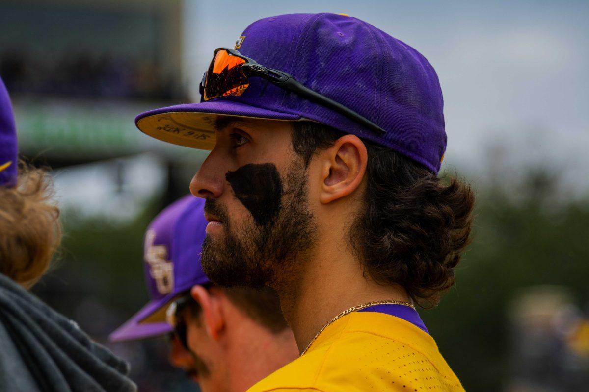 LSU baseball redshirt junior outfielder Giovanni DiGiacomo (7) looks out to the fans Sunday, Feb. 20, 2022 before LSU's21-6 win against Maine at Alex Box Stadium on Gourrier Avenue in Baton Rouge, La.