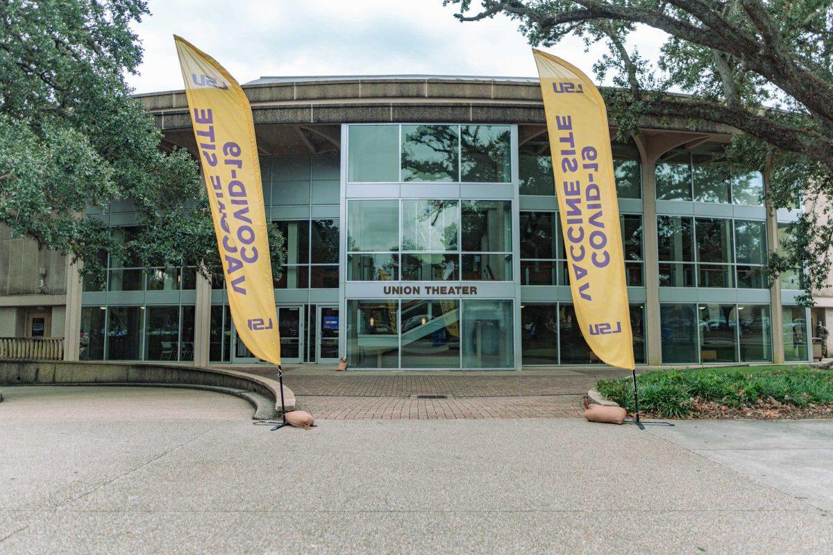 Banners reading &#8220;COVID-19 Vaccine Site&#8221; move in the wind on Monday, Sept. 27, 2021, outside of the LSU Union Theater.