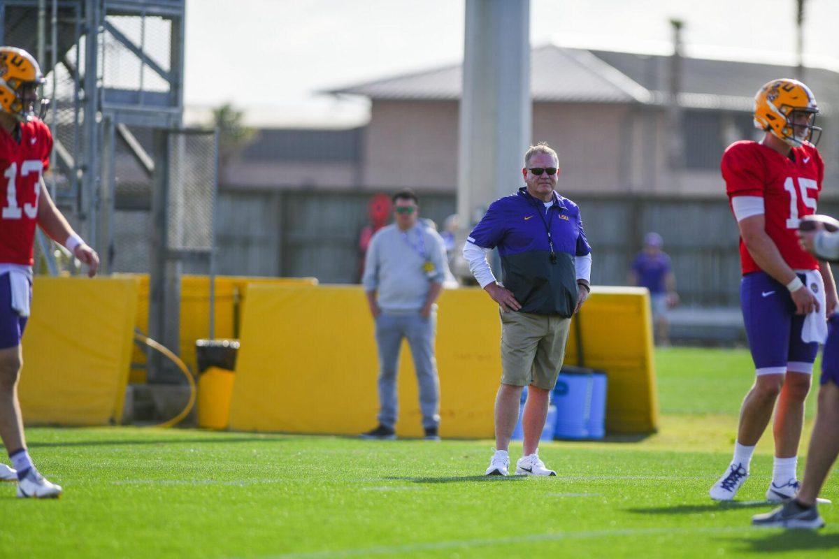 LSU head coach Brian Kelly observes the practice Tuesday, March 29, 2022 during LSU's spring practice in Baton Rouge, La.