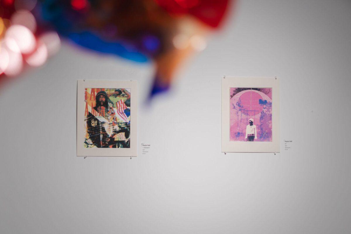 Two works by Kayla Hall adorn the wall on Thursday, March 3, 2022, as part of the Layers Group Exhibition in the LSU Student Union Art Gallery in Baton Rouge, La.