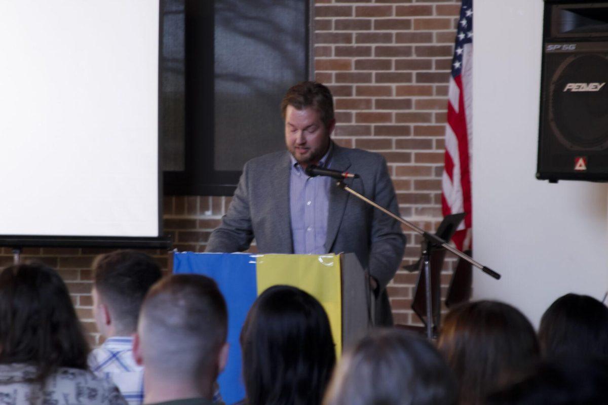 Daniel Tiirone addresses the crowd Friday, March 4, 2022 at the for the Ukraine supoort event at the LSU International Cultural Center on Dalrymple Drive in Baton Rouge, La.