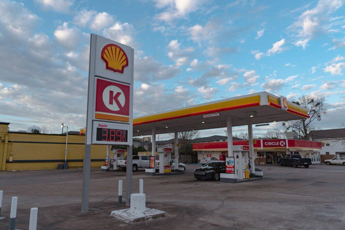 A sign displays the price of gasoline on Monday, March 7, 2022, at a Shell station on Highland Road in Baton Rouge, La.