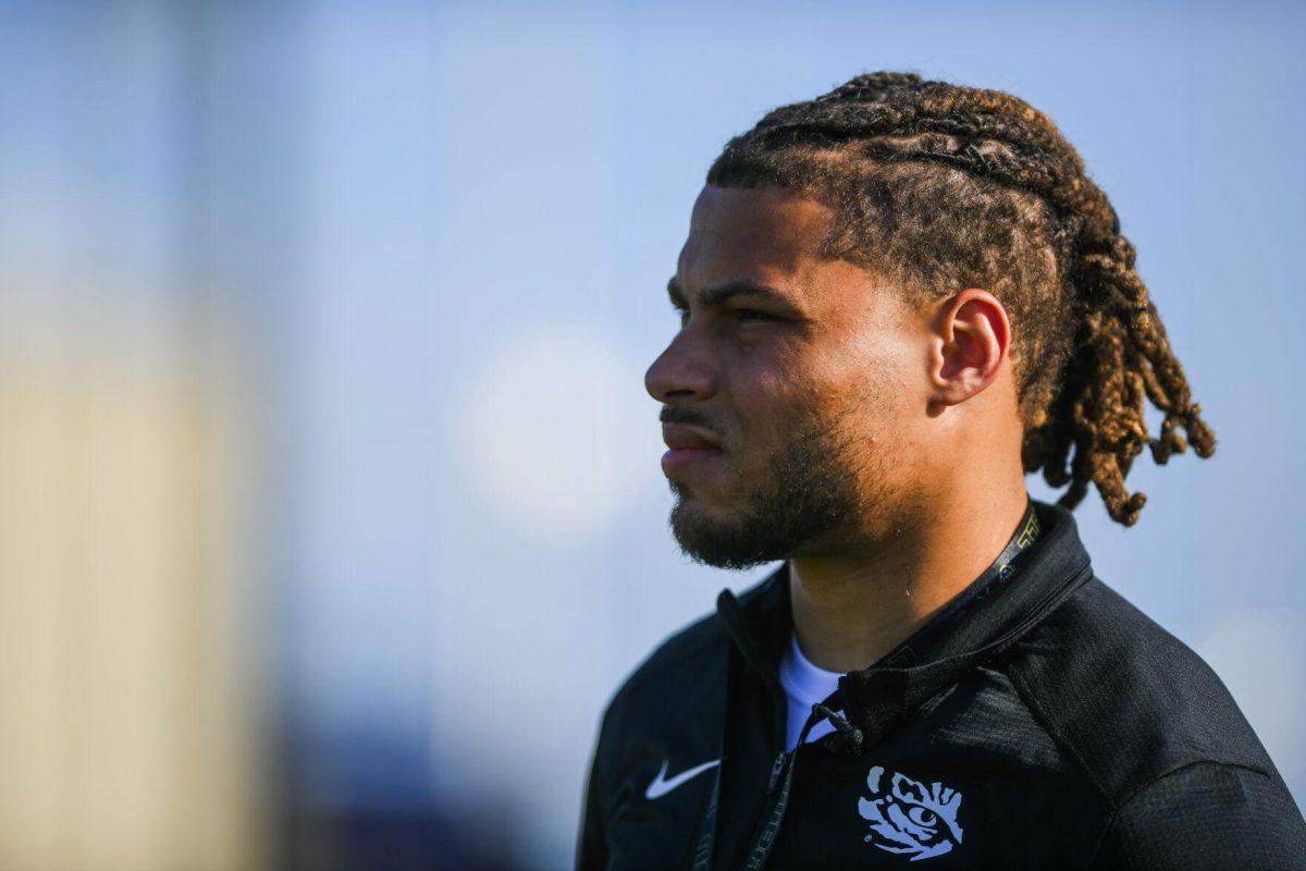 Former LSU football safety and Super Bowl Champion Tyrann Mathieu watches practice Tuesday, March 29, 2022 during LSU's spring practice in Baton Rouge, La.