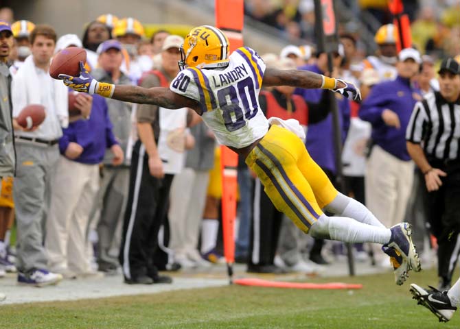 LSU junior wide receiver Jarvis Landry (80) attempts to catch a pass from freshman quarterback Anthony Jennings Wednesday, January 1, 2014 during the Tigers' 21-14 victory against Iowa in the Outback Bowl at Raymond James Stadium in Tampa, Florida.