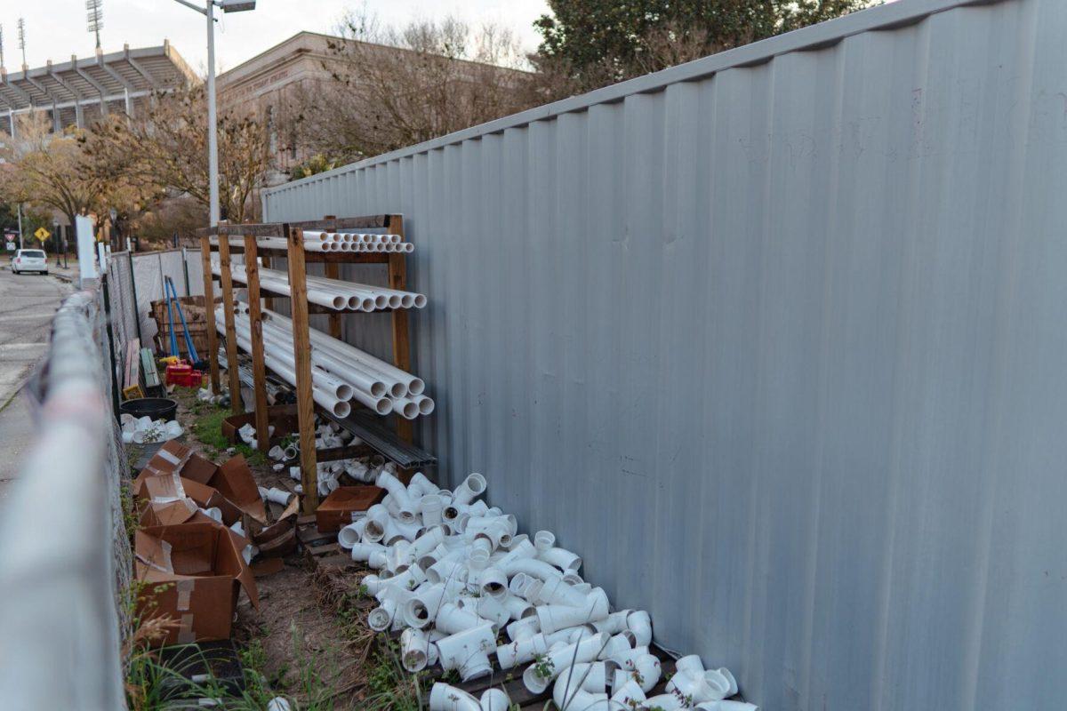 A variety of pipes and connectors sit stored on the construction site on Tuesday, March 22, 2022, at the Huey P. Long Field House on Field House Drive in Baton Rouge, La.