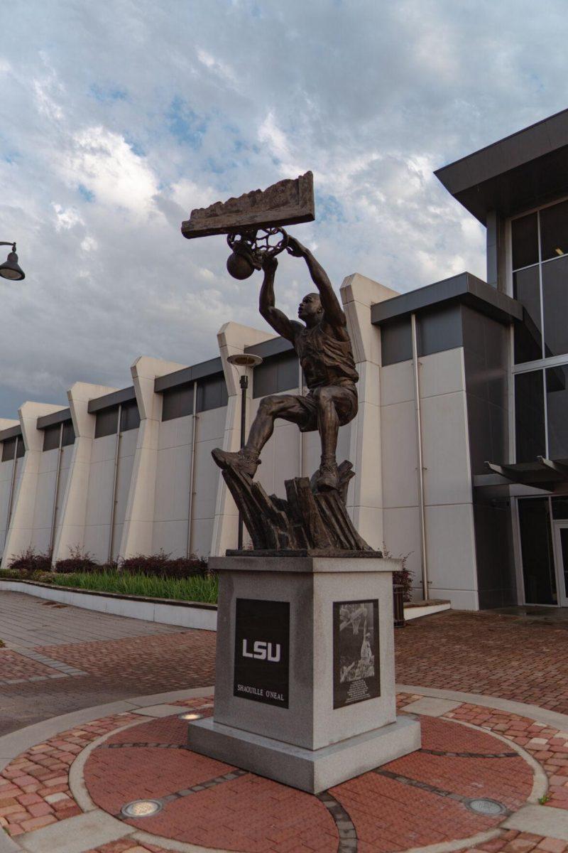 The Shaquille O&#8217;Neal statue stands on Tuesday, March 22, 2022, outside the Pete Maravich Assembly Center in Baton Rouge, La.