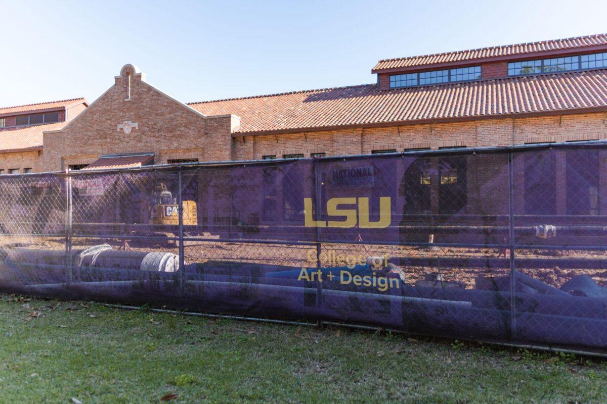 Fencing surrounds the construction site on Sunday, March 20, 2022, at the LSU Studio Arts Buildings on South Campus Drive in Baton Rouge, La.