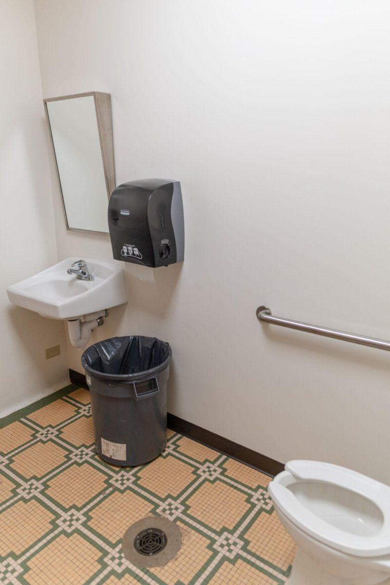 A bathroom sits empty on Tuesday, March 29, 2022, inside Allen Hall on LSU&#8217;s campus in Baton Rouge, La.