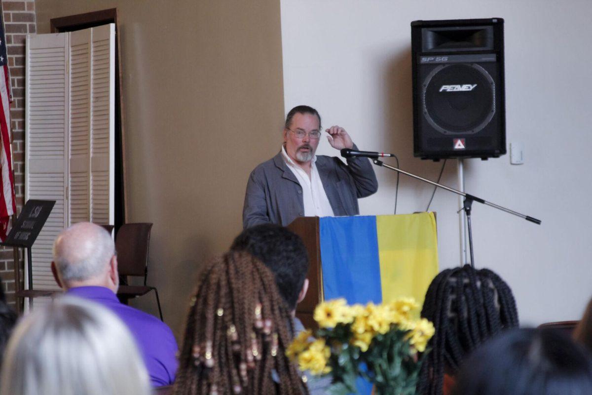 Dr. Leonard Ray speaks to the crowd Friday, March 4, 2022 at the for the Ukraine supoort event at the LSU International Cultural Center on Dalrymple Drive in Baton Rouge, La.