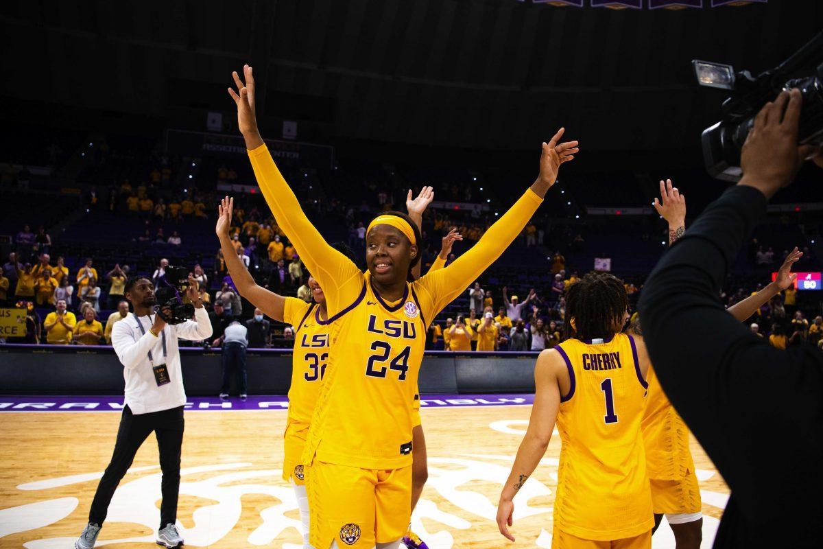 LSU women&#8217;s basketball graduate student center Faustine Aifuwa (24) waves to the crowd Thursday, Feb. 24, 2022, after LSU&#8217;s Senior Night 58-50 win against Alabama in the Pete Maravich Assembly Center on North Stadium Drive in Baton Rouge, La.