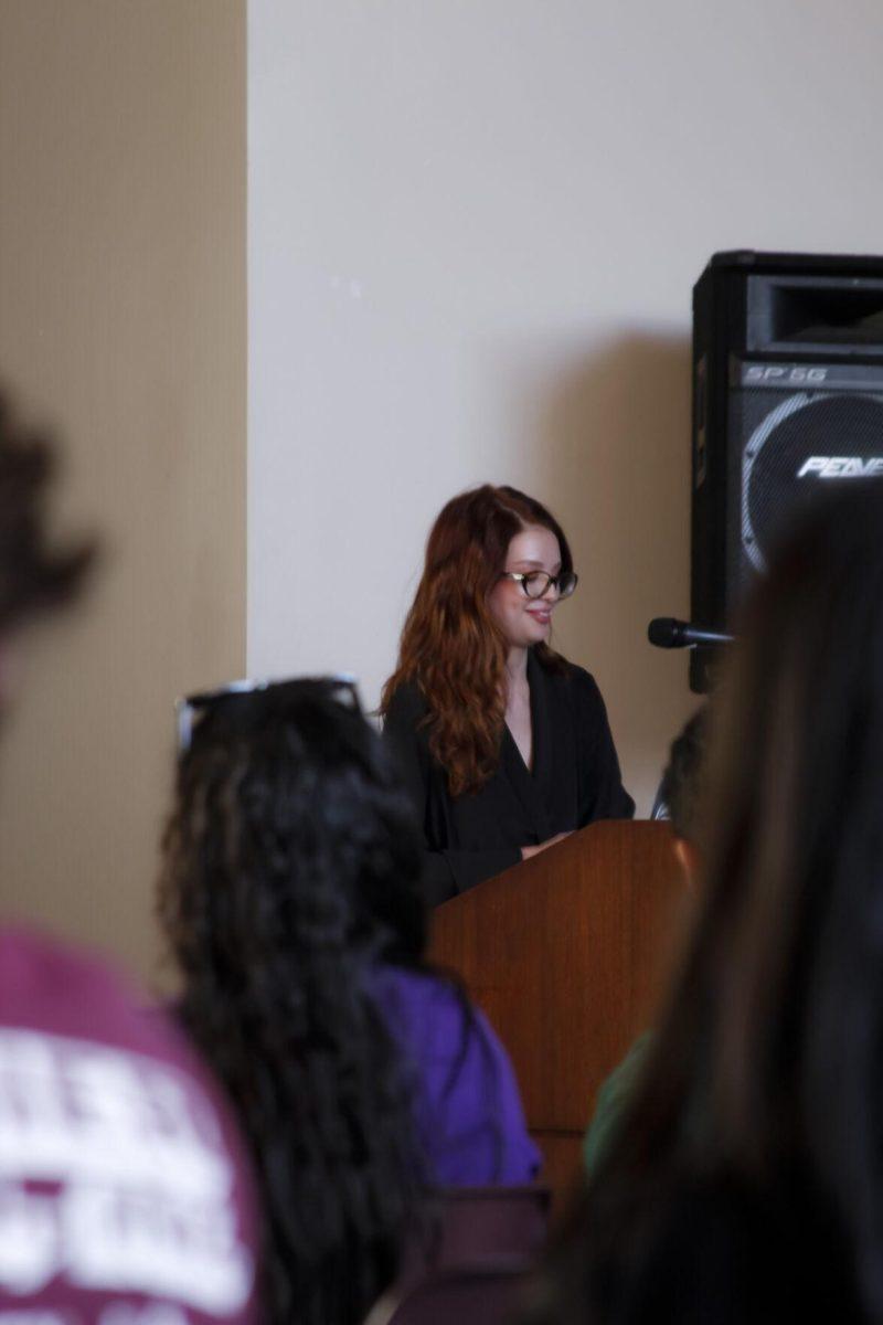 Daria Antonovskaya speaks to the crowd Friday, March 4, 2022 at the for the Ukraine supoort event at the LSU International Cultural Center on Dalrymple Drive in Baton Rouge, La.