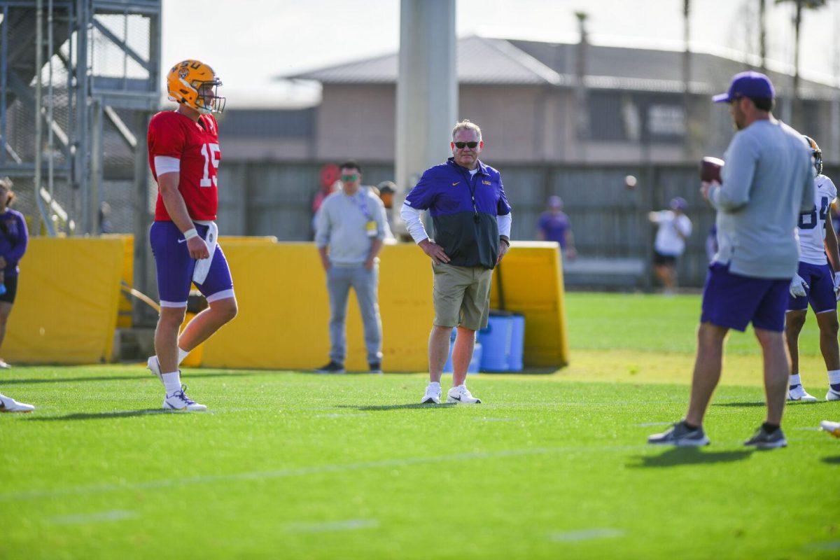 LSU head coach Brian Kelly observes the practice Tuesday, March 29, 2022 during LSU's spring practice in Baton Rouge, La.