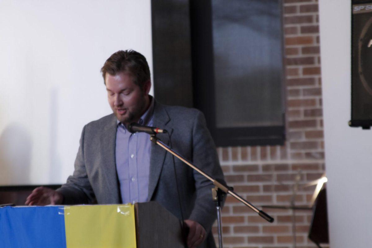 Daniel Tirone addresses the crowd Friday, March 4, 2022 at the for the Ukraine supoort event at the LSU International Cultural Center on Dalrymple Drive in Baton Rouge, La.