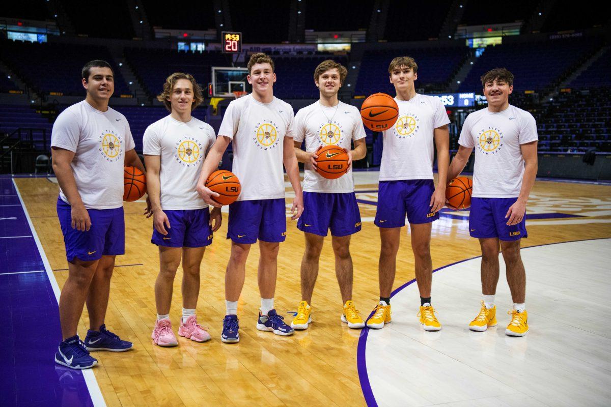 Patrick Kilgore, Jacob Skwira, Christian Weaver, Hayden Grigsby, Luke LeGoullon, and Henrik Wold known as the Dream Team (left to right) pose for a picture Wednesday, Feb. 9, 2022 before the LSU women&#8217;s basketball team in the Pete Maravich Assembly Center on N. Stadium Drive in Baton Rouge, La.