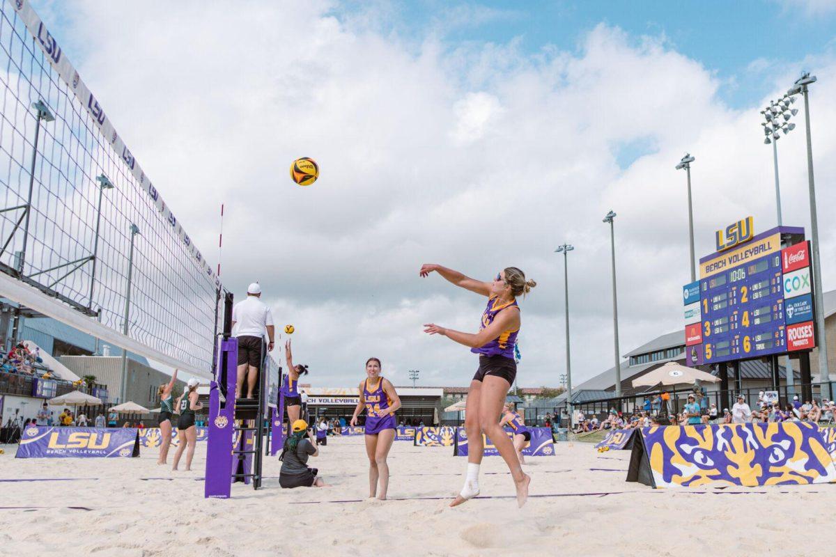 LSU beach volleyball redshirt freshman Brooke Blutreich (31) hits the ball on Sunday, March 6, 2022, during LSU&#8217;s 3-2 win over Loyola Marymount at the Beach Volleyball Stadium on Cypress Drive in Baton Rouge, La.