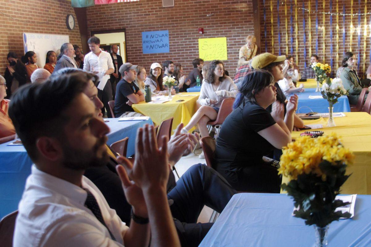 The audience applauds for the next speaker Friday, March 4, 2022 at the for the Ukraine support event at the LSU International Cultural Center on Dalrymple Drive in Baton Rouge, La.