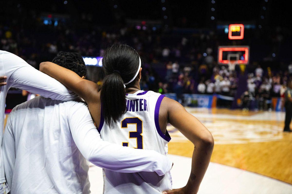 LSU women&#8217;s basketball graduate student guard Khayla Pointer (3) stands in line for the alma mater Monday, March 21, 2022, after LSU&#8217;s 64-79 loss against Ohio State in the second round of the NCAA women&#8217;s basketball tournament in the Pete Maravich Assembly Center on North Stadium Drive in Baton Rouge, La.