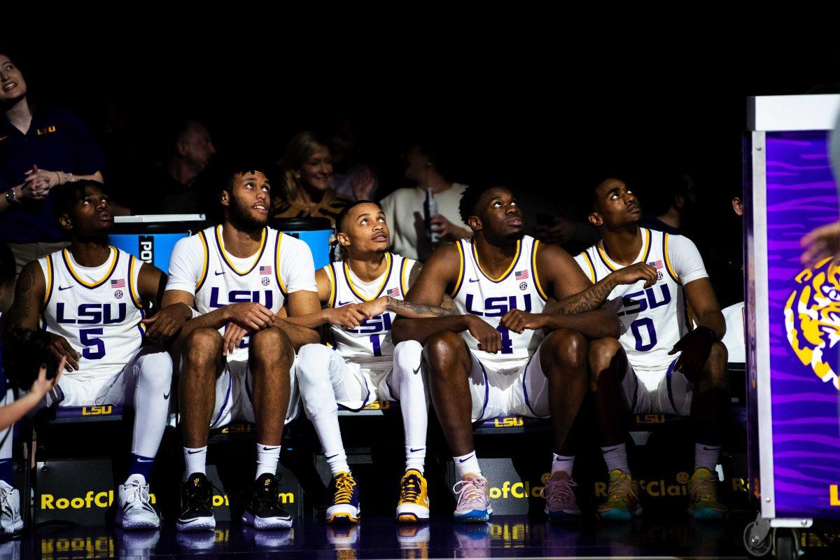 LSU men&#8217;s basketball starting lineup sits on the bench Wednesday, Feb. 16, 2022, before LSU&#8217;s 84-65 win against Georgia in the Pete Maravich Assembly Center on North Stadium Drive in Baton Rouge, La.