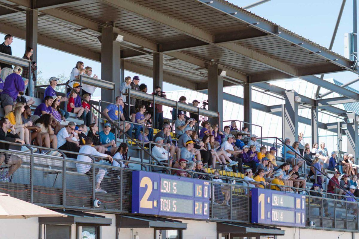 LSU fans cheer after a point on Sunday, March 27, 2022, during LSU&#8217;s 1-4 loss against TCU at the Beach Volleyball Stadium on Cypress Drive in Baton Rouge, La.