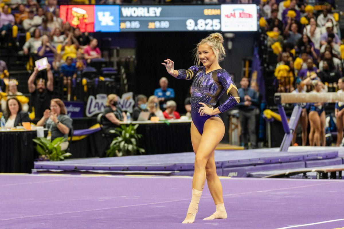 LSU gymnastics vault and floor exercise fifth-year senior Sarah Edwards completes her floor exercise with a pose on Friday, March 4, 2022, during LSU gymnastics&#8217; 107.500-197.450 loss against Kentucky in the Pete Maravich Assembly Center on North Stadium Drive in Baton Rouge, La.