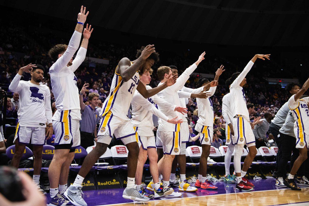 LSU men&#8217;s basketball bench celebrates after senior forward Darius Days (4) sinks a three-pointer Saturday, Feb. 26, 2022, during LSU&#8217;s 75-55 win against Missouri in the Pete Maravich Assembly Center on North Stadium Drive in Baton Rouge, La.