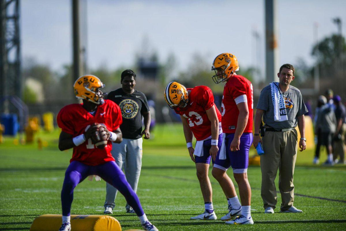 LSU football quarterback redshirt freshman Tavion Faulk (12) works on a drill Tuesday, March 29, 2022 during LSU's spring practice in Baton Rouge, La.