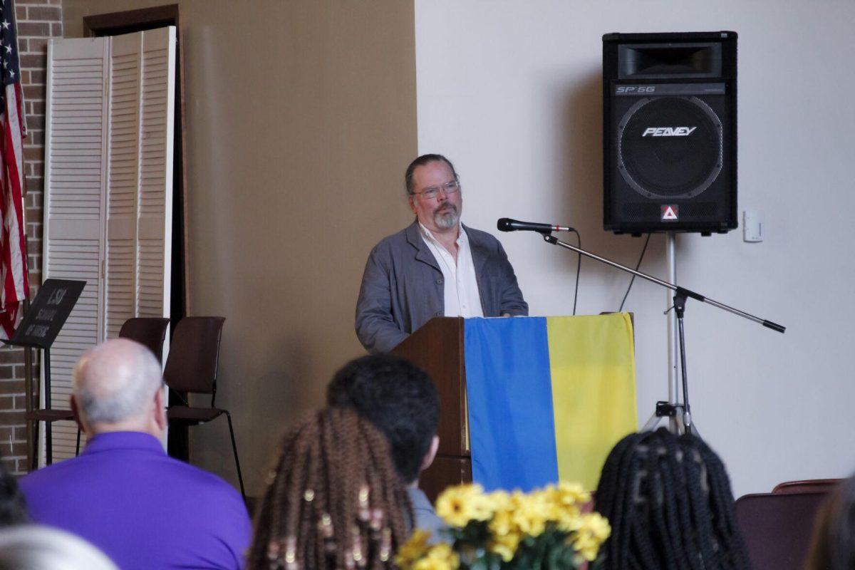 Dr. Leonard Ray speaks to the crowd Friday, March 4, 2022 at the for the Ukraine supoort event at the LSU International Cultural Center on Dalrymple Drive in Baton Rouge, La.