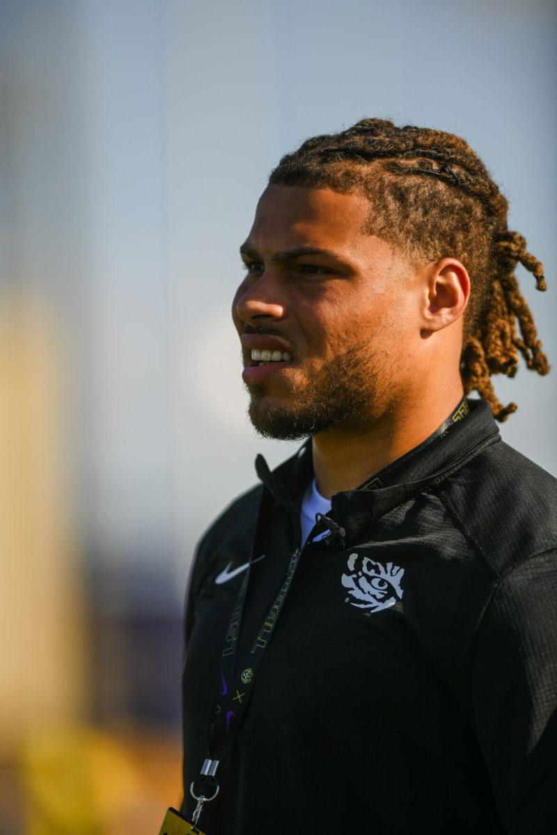 Former LSU football safety and Super Bowl Champion Tyrann Mathieu watches practice Tuesday, March 29, 2022 during LSU's spring practice in Baton Rouge, La.