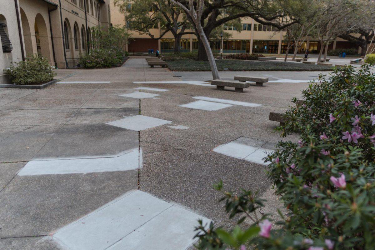 Many patches of new concrete dot the space on Monday, March 7, 2022, in the LSU Quad in Baton Rouge, La.