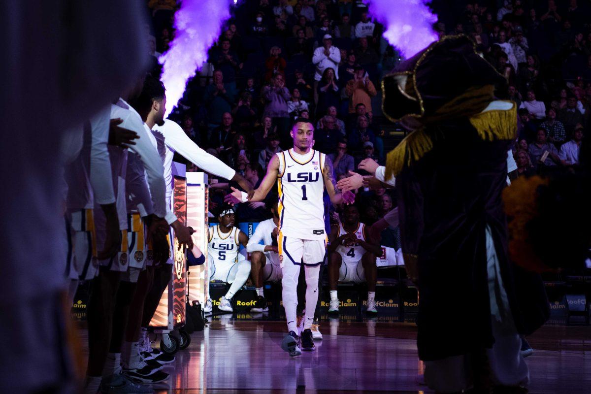 LSU men&#8217;s basketball senior guard Xavier Pinson (1) walks out onto the court when the lineup is announced Saturday, Feb. 26, 2022, before LSU&#8217;s 75-55 win against Missouri in the Pete Maravich Assembly Center on North Stadium Drive in Baton Rouge, La.