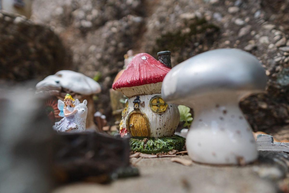 A mushroom serves as a home on Thursday, March 24, 2022, for the LSU Fairy Garden&#8217;s inhabitants in Baton Rouge, La.