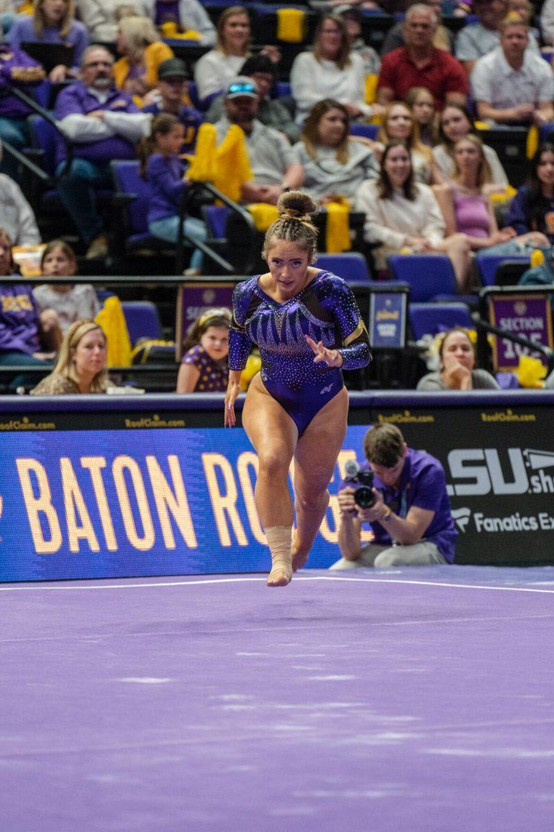 LSU gymnastics graduate student Christiana Desiderio performs her floor exercise on Friday, March 4, 2022, during LSU gymnastics&#8217; 107.500-197.450 loss against Kentucky in the Pete Maravich Assembly Center on North Stadium Drive in Baton Rouge, La.