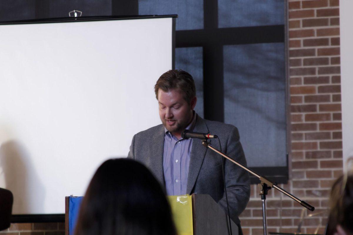 Daniel Tiirone addresses the crowd Friday, March 4, 2022 at the for the Ukraine supoort event at the LSU International Cultural Center on Dalrymple Drive in Baton Rouge, La.