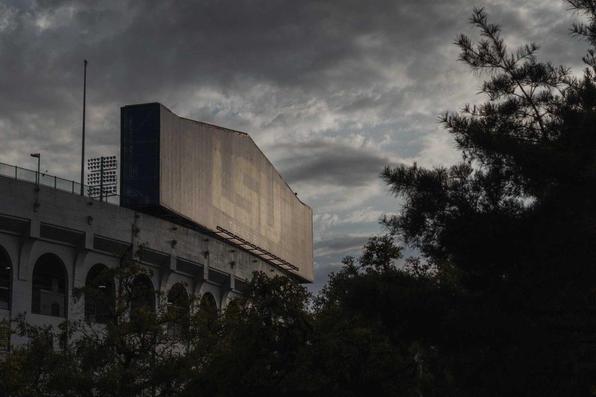 The last rays of sunlight hit Tiger Stadium on Tuesday, March 22, 2022, on North Stadium Drive in Baton Rouge, La.