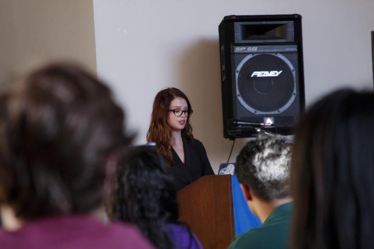 Daria Antonovskaya speaks to the crowd Friday, March 4, 2022 at the for the Ukraine supoort event at the LSU International Cultural Center on Dalrymple Drive in Baton Rouge, La.